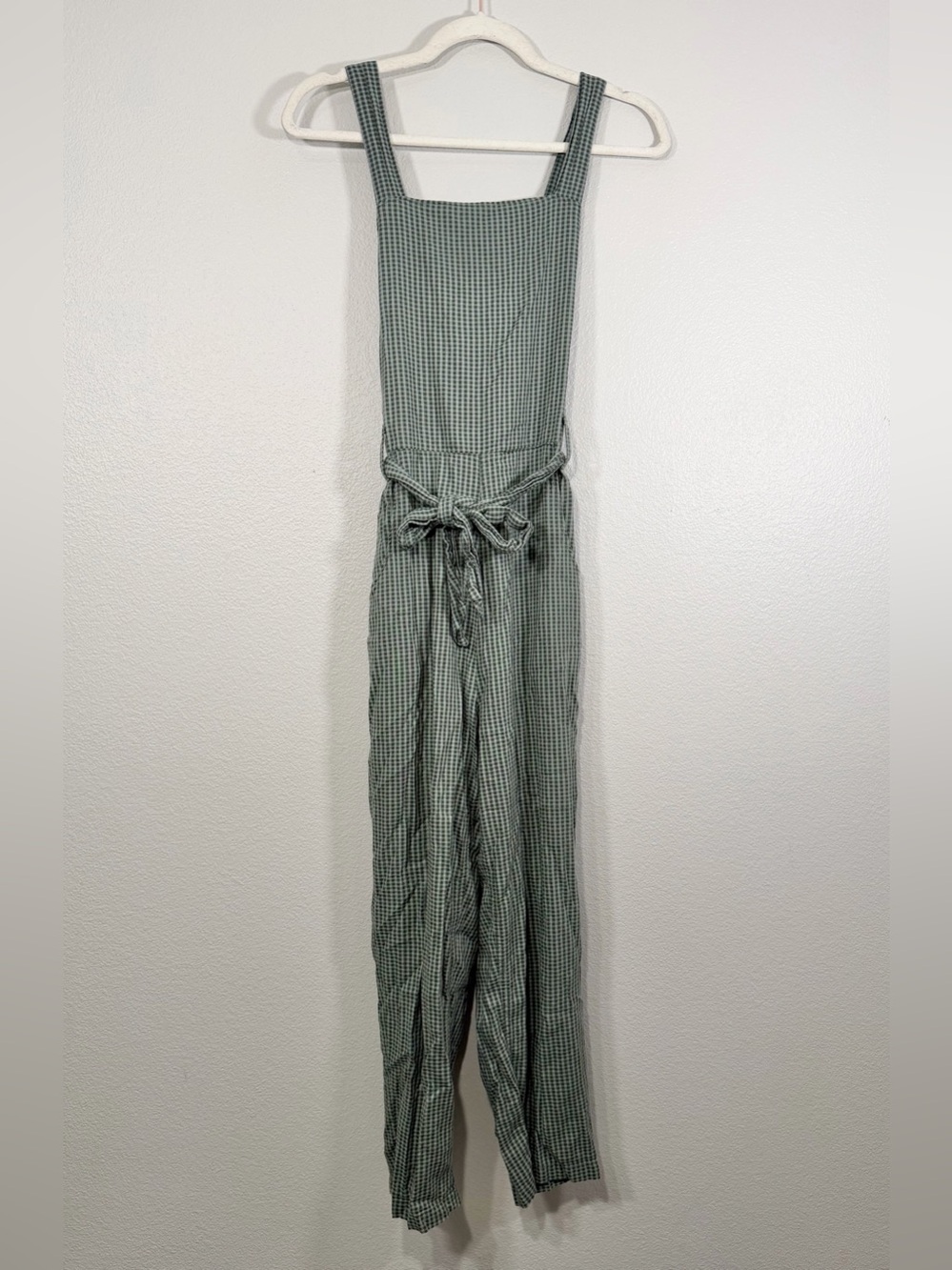 RVCA Jumpsuit Overall Green Gingham Checker Sleeveless Pants Waist Tie Women S